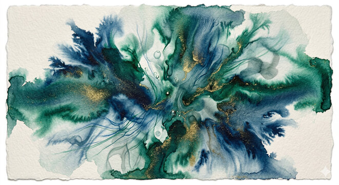 Abstract underwater ink bloom with emerald green and gold glitter, watercolor wash background on textured paper.
수중에서 폭발하듯 번지는 에메랄드와 골드 잉크의 수채화 추상 배경