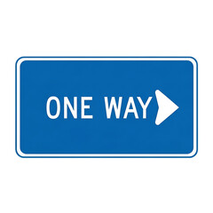 Obraz premium Rectangular blue traffic sign displaying white text 'one way' with a white arrow pointing right indicating direction and guidance for drivers isolated on transparent background