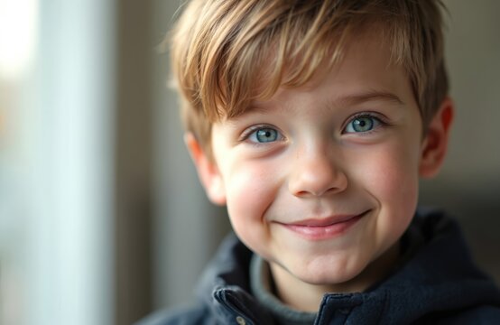 Close-up of happy boy with bright blue eyes. Young child smiles with infectious joy. Innocent face shows pure childhood delight. Headshot with soft background. Authentic kid portrait.