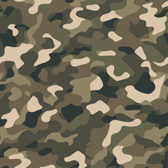 Fototapeta premium Seamless Military Camouflage Pattern. Modern Multicam Style Tactical Texture with Forest Green, Khaki and Brown Earth Tones. Army Background for Hunting Fabric, Uniform, Wallpaper. Vector Design.