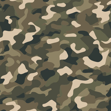 Seamless Military Camouflage Pattern. Modern Multicam Style Tactical Texture with Forest Green, Khaki and Brown Earth Tones. Army Background for Hunting Fabric, Uniform, Wallpaper. Vector Design.