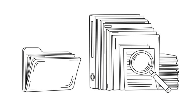 Line art of file folders and magnifying glass.