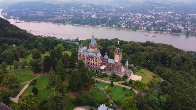 Aerial Schloss Drachenburg Neo-Gothic Fairytale Castle and Rhine Panorama