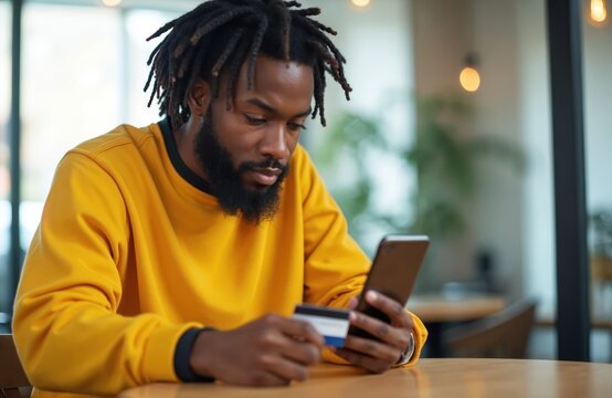 Black man with dreadlocks uses smartphone and credit card. He shops online or checks bank balance, perhaps orders food or tickets. Person looks thoughtful at screen.