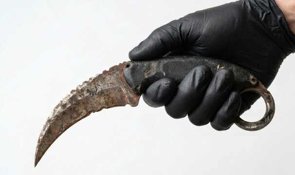 A worn-out karambit with a rusty blade, held in a hand wearing a black latex glove