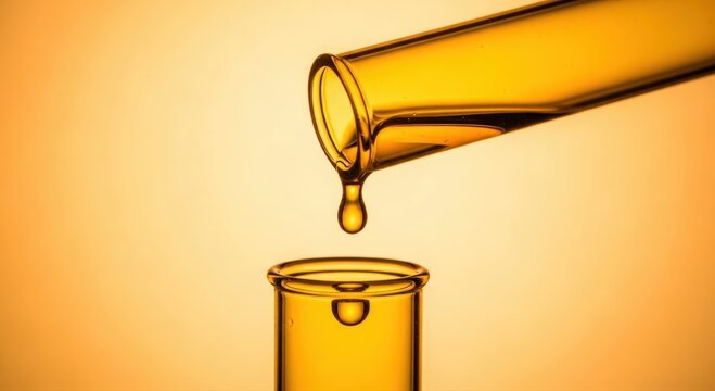 Vibrant yellow test tube elegantly drips luminous golden liquid, symbolizing lab research and development, presented in commercial photography