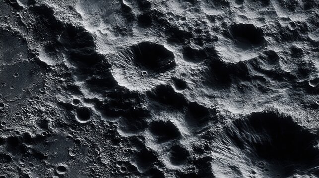 Space universe exploration, fantasy. A black and white closeup of the surface of a moon. The detailed image shows craters, ridges, and other features of the moons surface.