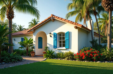 Fototapeta premium White tropical house with orange tile roof and bright blue shutters. Rich green lawn, vibrant red flowers, and tall palm trees surround the charming residence.