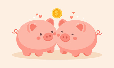 Fototapeta premium Two cute piggy banks with coin above in flat cartoon style, isolated on beige background. Savings, finance and partnership concept, playful illustration.