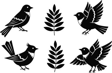 Fototapeta premium Stylized bird and leaf silhouettes in balanced composition, perched and flying birds with decorative foliage, vector design illustration