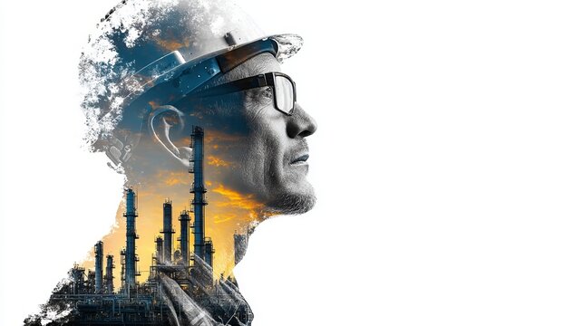 A man's face is merged with an industrial landscape in a creative double exposure photo