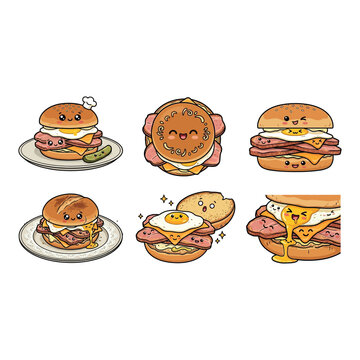 Peameal Bacon Sandwich Vector Illustration Peameal Bacon Sandwich Fast Food Sandwich Set with Egg Bacon and Vegetables Vector Illustration