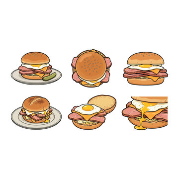 Peameal Bacon Sandwich Vector Illustration Peameal Bacon Sandwich Fast Food Sandwich Set with Egg Bacon and Vegetables Vector Illustration