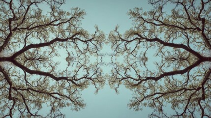 Fototapeta premium Photograph of a tree with its branches reaching upwards towards the sky. the tree appears to be bare, with no leaves or branches visible.
