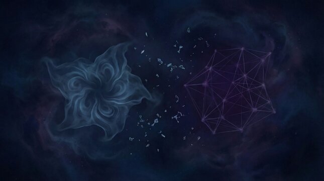 Abstract visualization of decoupled reproductive systems with fading hormone molecules in cold blue and purple void background