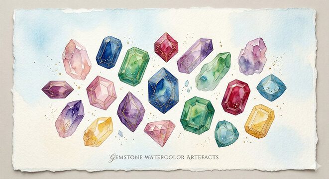 Hand-painted gemstone and crystal watercolor collection on textured paper, jewelry illustration set
거친 수채화 종이 질감 위에 그려진 다양한 보석과 원석 일러스트 세트