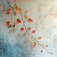 Fototapeta premium Autumnal Grace: A delicate watercolor illustration showcases autumnal branches adorned with vibrant, changing leaves against a textured, aged wall.