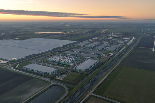 Aerial view of data center complex connecting global digital infrastructure, Middenmeer, Netherlands.