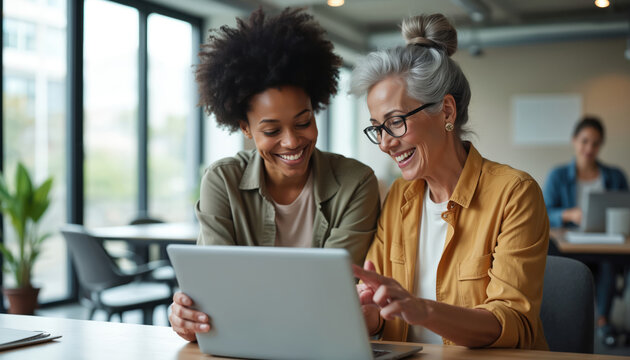 Two women of different ages work on laptop in office. Older woman points at screen, younger woman looks. Colleagues discuss project, share idea, laugh. Diverse team collaborate on work in modern