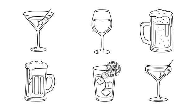 A set of six black and white line art illustrations of various cocktail and beer glasses