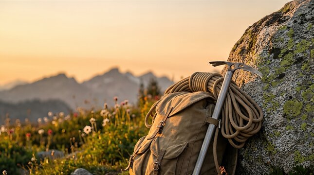 Alpinist backpack with climbing rope and ice axe leaning on rock in mountain meadow at sunset. Outdoor adventure equipment for expedition. Travel and exploration concept in high altitude landscape
