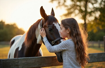 Obraz premium Young girl gently hugs horse. Child bonds with equine at farm. Friendship develops during sunset. Rural childhood moments connect girl and animal.