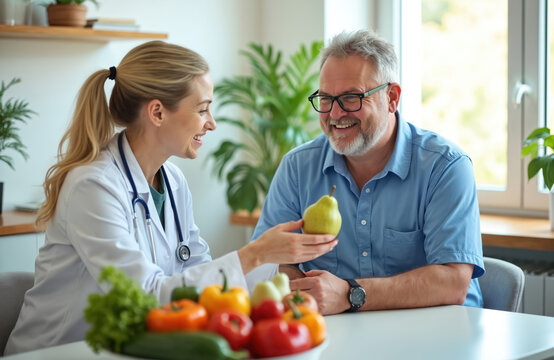 Doctor consults patient about healthy eating and weight loss. Nutritionist shows pear, vegetables for diet plan. Healthcare visit for wellness and mindful food choices in clinic.