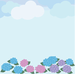 Obraz premium 紫陽花と雲の正方形フレーム背景 ベクター（梅雨・かわいい・空・コピースペース）SNS・バナー・カード用デザイン素材