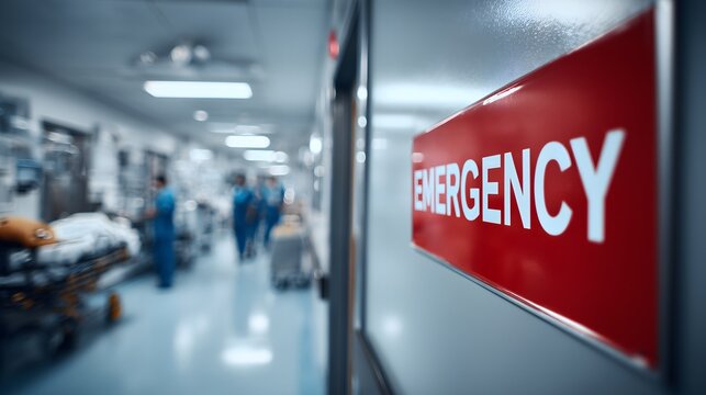 Hospital emergency room corridor with red emergency sign, healthcare urgency concept, medical response, patient care, hospital interior, crisis treatment and emergency services environment