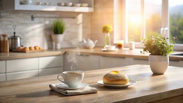 Warm Morning Kitchen Scene A steaming cup of coffee and a freshly baked sweet roll on a sunlit wooden table, kitchen background blurred
