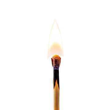 A matchstick with a bright flame burning on transparent background