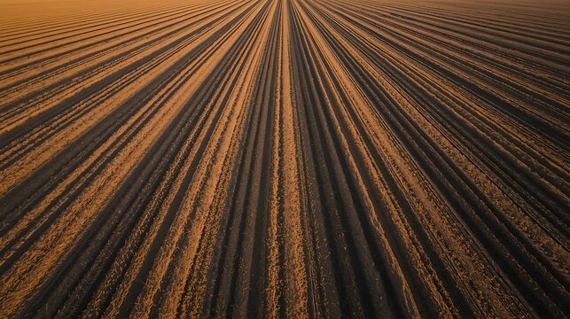 Aerial view of golden farmland with parallel tractor lines at sunset creating geometric texture