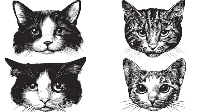 Four detailed black and white cat head illustrations in a vintage engraving style, showing varied feline expressions and markings