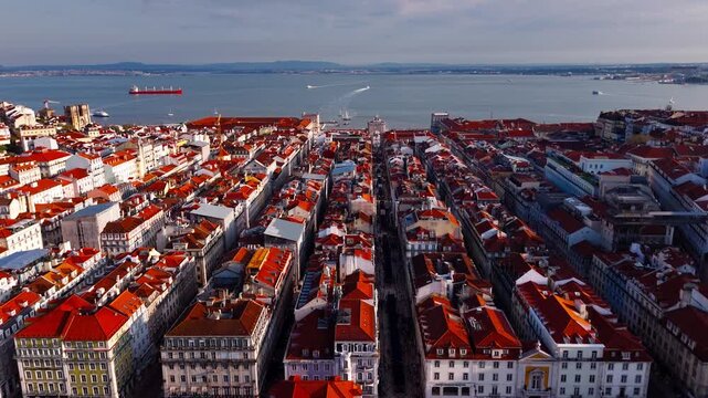 Aerial View of Rua Augusta Rooftops and Tagus River Lisbon Portugal at afternoon light