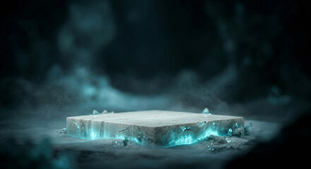 Fototapeta premium Stone podium with glowing blue crystals and mist