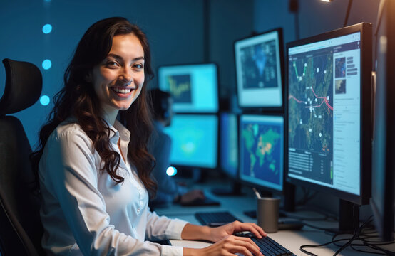Smiling woman works in logistics dispatch center operating computers with world maps, tracking data. She is in office monitoring global operations, planning shipments, supporting clients at night.