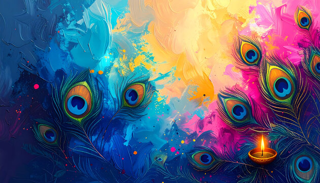 Luminous Holi background with peacock feather design vibrant color powder splash Indian festival backdrop for greeting invitation poster wallpaper festive visuals