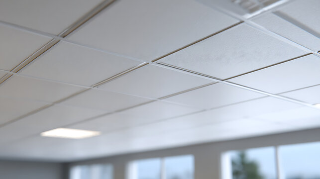 Modern office ceiling with modular panels and fluorescent light fixture, clean interior architecture, bright and functional design aesthetic