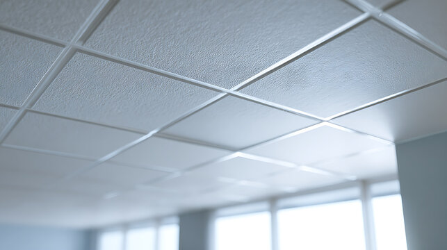 Clean Grid Ceiling Design in a Modern Office Space with Soft Light, Focus on Panels and Architectural Detail for Contemporary Interiors