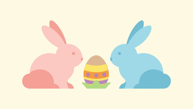 Easter bunnies meet beside a soft, pastel-colored evergreen egg.
