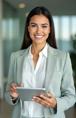 Obraz premium Young Hispanic businesswoman smiles holding tablet in modern office. Pro woman uses digital device for corporate work, shows confidence, and communicates effectively. Technology aids business success.