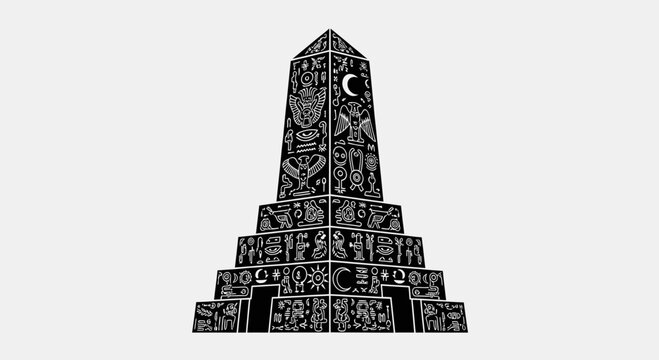 Ancient Mayan Pyramid Illustration with Mystical Symbols and Hieroglyphics
