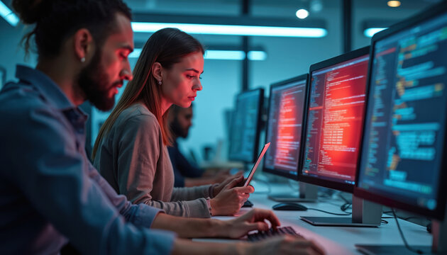 Young coders work in modern office. Team collaborates on project using computers, tablets, analyzing data on monitors. Diverse developers in tech company create software. Professionals share