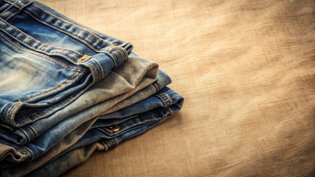 A neatly folded stack of denim jeans rests on a textured fabric surface, showcasing various shades of blue and subtle wear, suggesting comfort and casual style