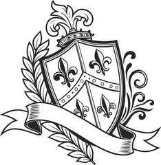 Heraldic crest, fleur de lis shield, laurel wreath, vintage coat of arms vector © Mashqura