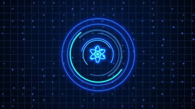 Futuristic Neon Blue Glowing Atom Symbol Centered In A Rotating Digital Hud Interface On A Dark Navy Grid Background With Glowing Plus And Minus Symbols, High-tech Scientific Concept For Energy 