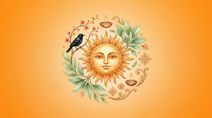 Naklejka na ściany i meble Sinhala and Tamil New Year watercolor card illustration. 