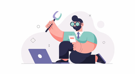 Fototapeta premium A man kneels with a wrench and phone next to a laptop