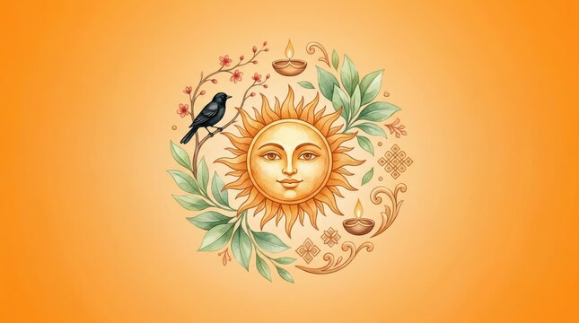 Sinhala and Tamil New Year watercolor card illustration.

