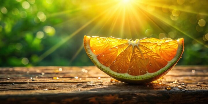 A juicy wedge of citrus fruit, sunlit and glistening, rests on a weathered wooden surface, surrounded by a vibrant, bokeh-filled natural backdrop